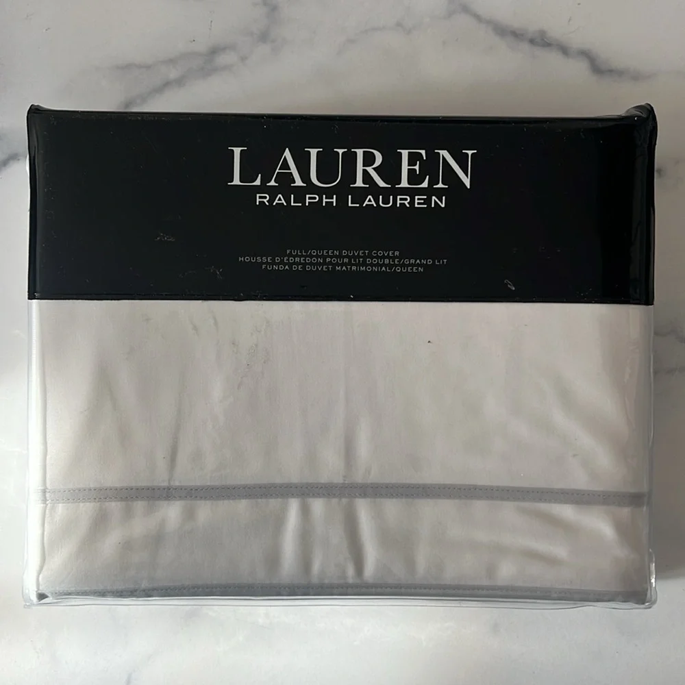 Lauren Ralph Lauren Spencer Sateen Border Queen Duvet Cover Soft Grey New w/Tag